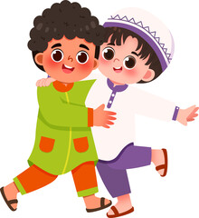 Joyful Embrace: Two Young Boys in Traditional Clothing, Playful Pose
