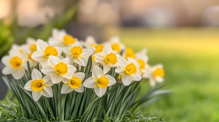 Fototapeta premium Cluster of Daffodils in Bloom with Bright Yellow Centers Set Against a Soft Green Background