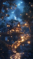 Peaceful cabin night view aesthetic high resolution picture