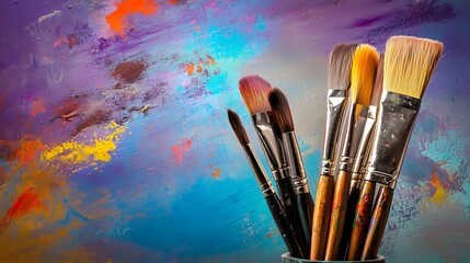 Obraz premium Assortment of Paintbrushes Against a Colorful Abstract Background Reflecting Artistic Creativity