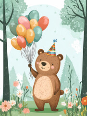 Birthday Bear with Balloons in the Forest