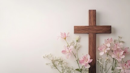 Wooden cross with pink flowers easter background christianity religious symbol faith hope love salvation god