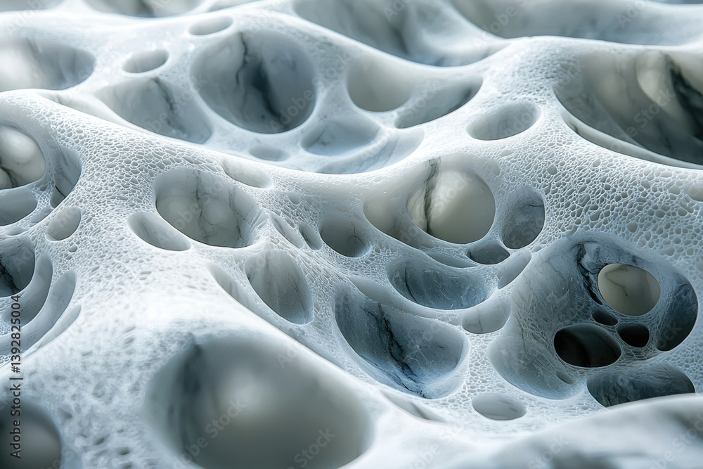Poster abstract textured surface featuring porous, organic-like formations in a smooth white and gray stone