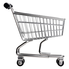 Single silver shopping cart with a black handle isolated on a transparent background	