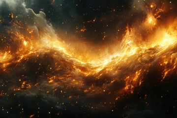 Fototapeta premium Fiery explosion in the sky during a colorful sunset, casting a vibrant hue over the clouds and silhouettes of trees on the horizon.