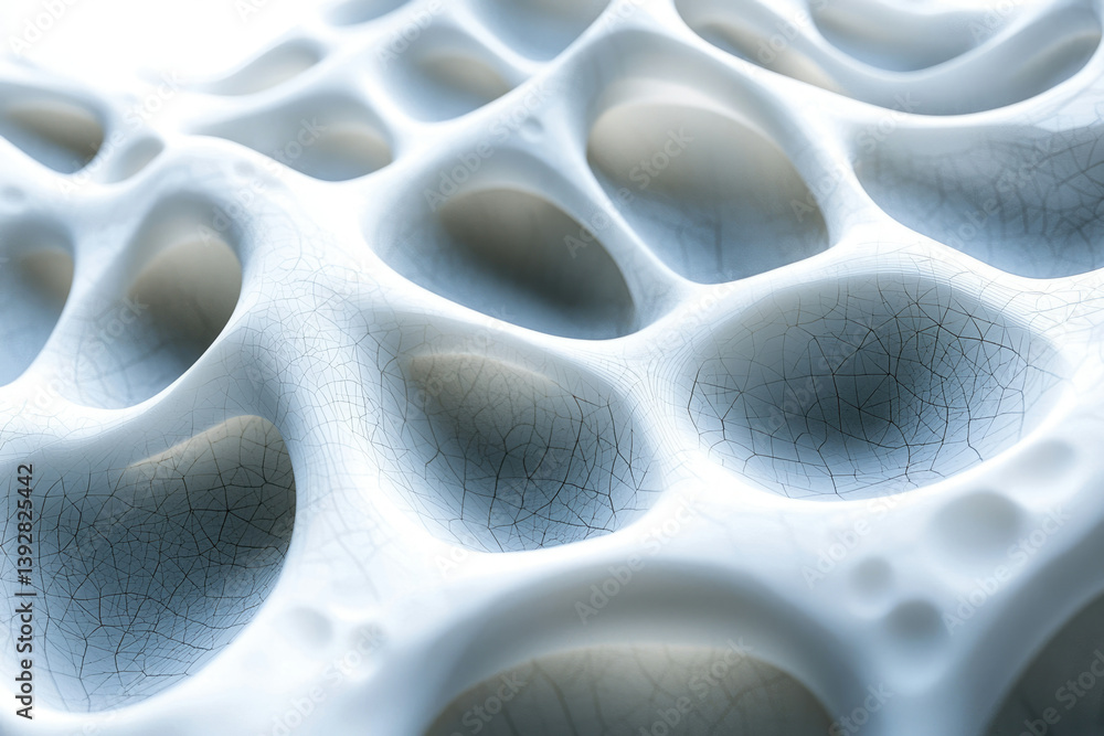 Aufkleber an abstract, macro image of a white, porous surface with a network of fine cracks, creating an organ