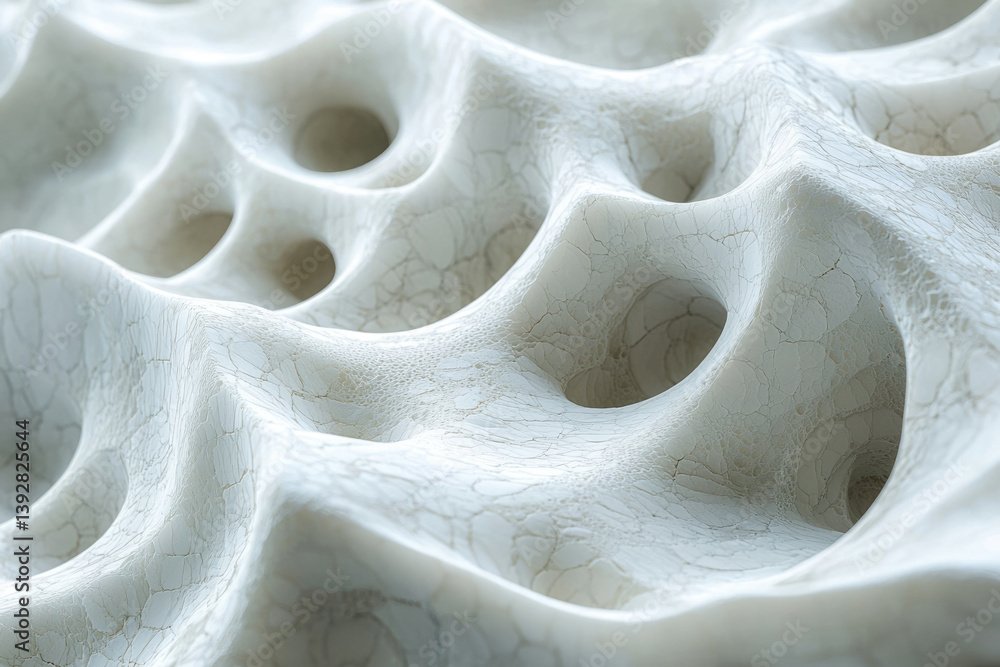 Poster intricate white surface with rounded holes and crackled texture, resembling porous material under a 