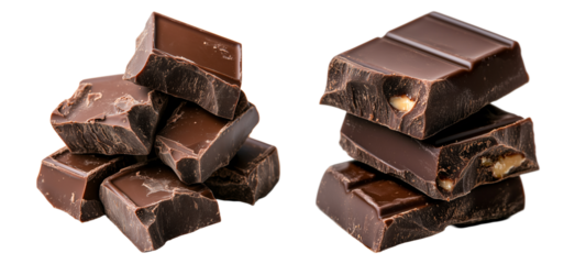set of chunks of chocolate with nuts isolated on a transparent background	