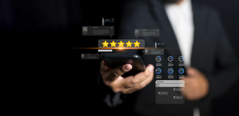 Five-star rating reflects client satisfaction with business service, indicating excellent support, quality performance effective marketing and positive feedback.