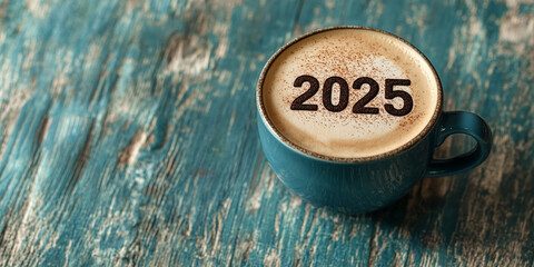Teal cup of cappuccino with 2025 design in cocoa powder on foam, rests on rustic teal wood table.  New year, celebration concept. Free space.