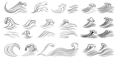 Simple line art, Japanese-style sea wave icons set, simple design, white background