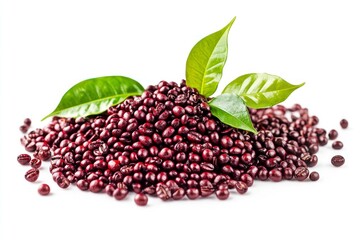 Pile of Freshly Roasted Coffee Beans with Green Leaves on White