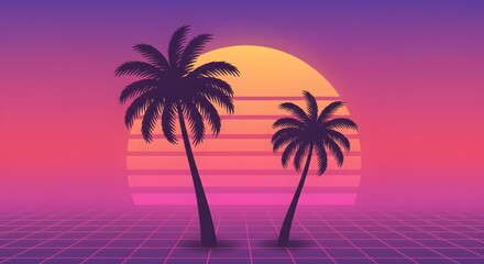 Naklejka premium Tropical sunset with palm trees and gradient sky