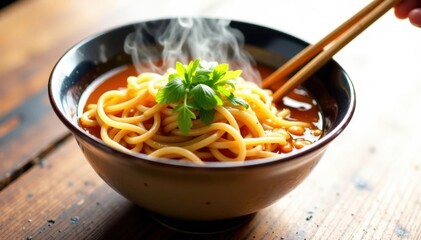 Steaming bowl of ramen noodles, chopsticks, isolated , culinary, hot, bowl