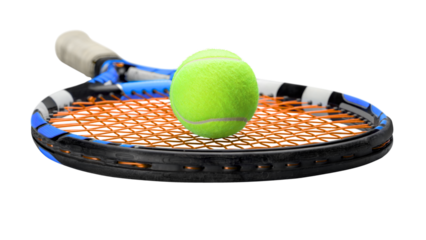 A tennis racket and ball with sports equipment isolated on a transparent background for recreation and competition.