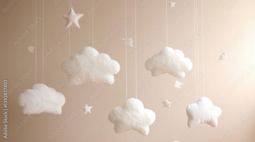 Fototapete Delicate stars and clouds suspended from invisible strings create a serene nursery decor perfect for a calming atmosphere