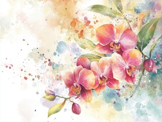 A watercolor painting of a bunch of pink orchids