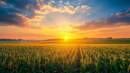 beautiful scenic view of corn field at sunset with blue sky and soft clouds highlighting agriculture landscape and golden crop in natural countryside setting