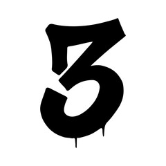 Black graffiti style number three with dripping paint details – number three isolated