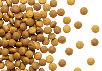 Close view of scattered tan colored spherical kibble pieces on transparent background