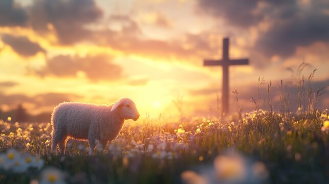 Lamb of god christian cross at sunset religious easter background wallpaper stock photo free download image