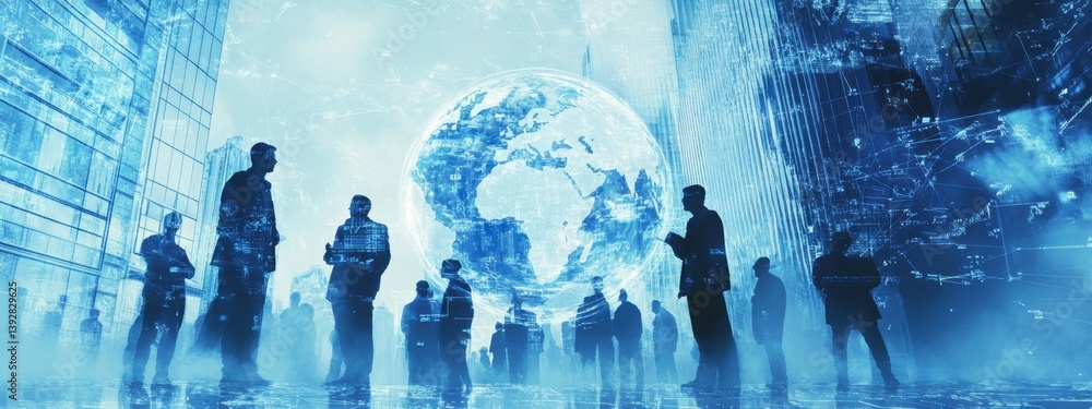 Poster a group of business people standing around the globe, representing a global network and connectivity