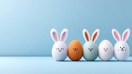 A playful arrangement of colorful Easter eggs with cute bunny ears set against a serene pastel blue background evoking a sense of seasonal joy and