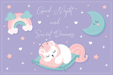 good night and sweet dreams flat vector illustration in pastel colors.
