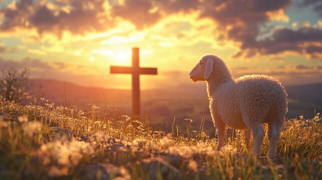 Lamb of god jesus christ christianity easter sunset cross religious faith hope salvation redemption 100char