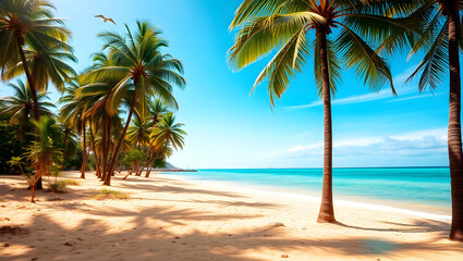 Fototapeta premium Serene Tropical Beach Golden Sand, Palm Trees, Azure Ocean