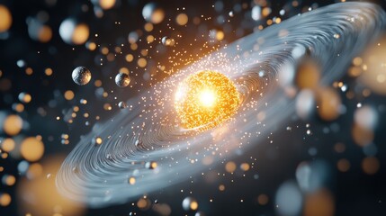 Obraz premium A glowing atomic core emitting radiant light like a star, surrounded by orbiting particles resembling moons or satellites