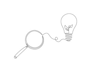 Continuous one line drawing of magnifying glass with lamp bulb. One line drawing illustration of magnifying glass and lamp bulb connected. Business idea concept single line. Editable outline