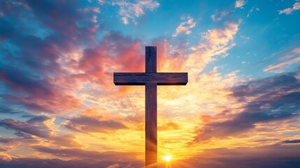 Wooden cross silhouette against colorful sunset sky christian faith and hope religious symbol background