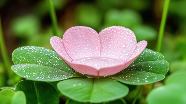 Dew filled flower petal shaped like cup, resting on clover leaf, whimsical macro fairytale detail