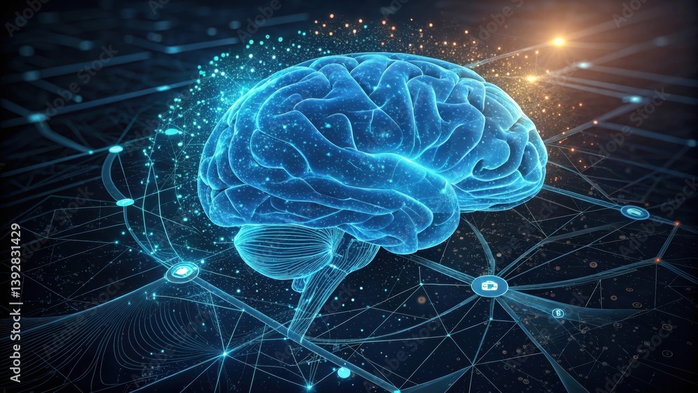 Poster digital representation of a brain surrounded by glowing connections and data points, symbolizing tec