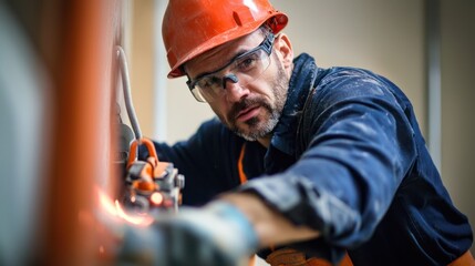 An experienced plumber using a power tool to cut through a pipe, focused and precise.