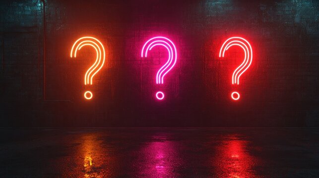Neon question marks on a dark wall