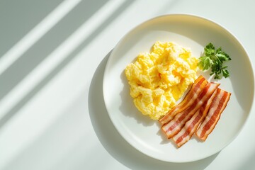 Savory breakfast plate featuring scrambled eggs and crispy bacon slices