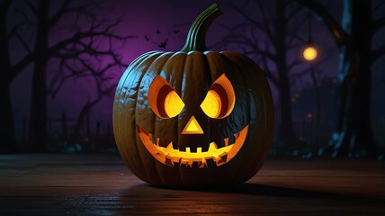 Spooky halloween pumpkin, Jack O Lantern, with an evil face and eyes on a wooden bench, table with a misty gray coastal night background.