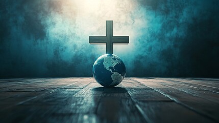 Christian cross and world globe faith hope love peace religion spirituality god jesus christ global belief