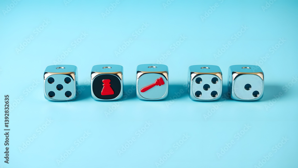 Poster metallic dice row a close-up view of five unique dice
