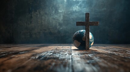 Christian cross and earth globe on wooden surface symbolizing faith and global christianity concept