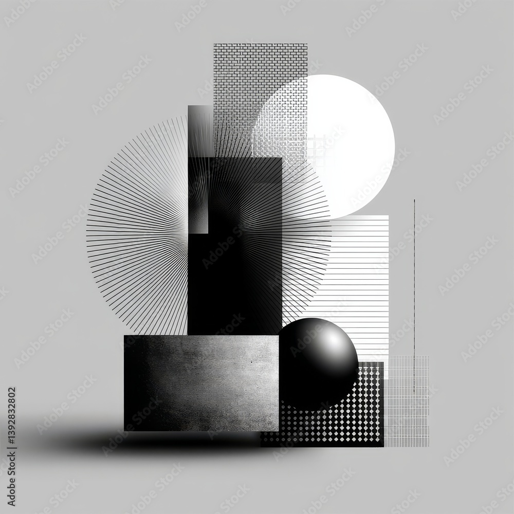 Aufkleber abstract geometric composition with black and white textures and shapes on light gray background
