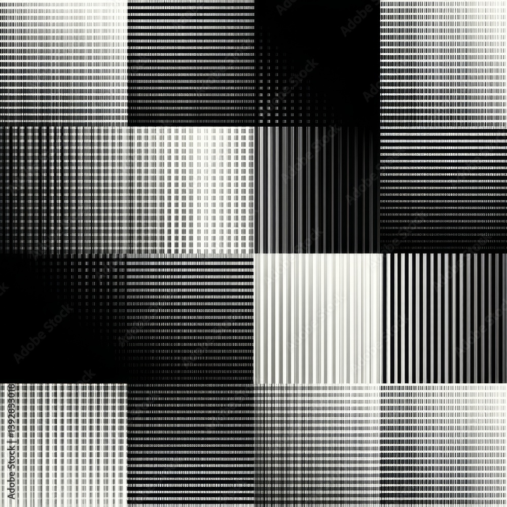 Fototapete Abstract Monochrome Grid: Interplay of Light and Shadow in Linear Patterns and Text-like Elements.