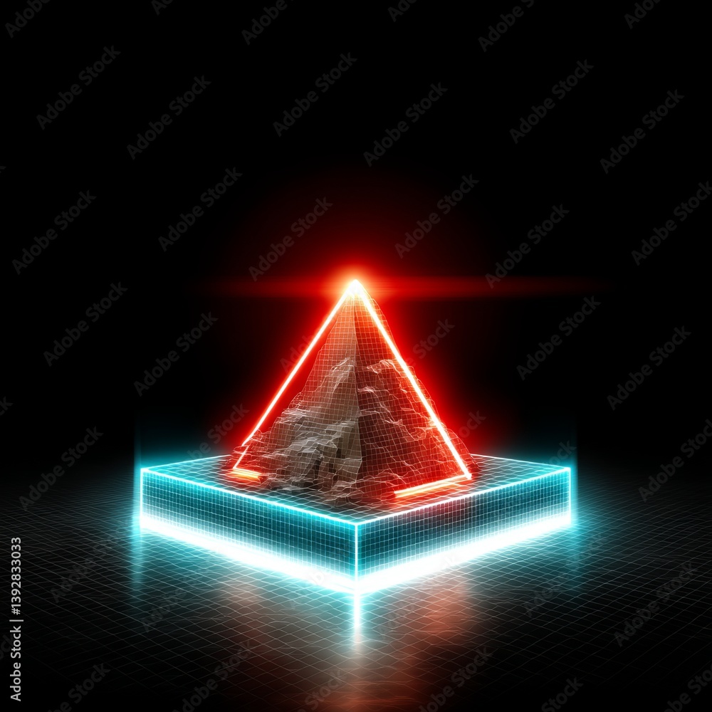 Aufkleber abstract pyramid with neon lights: a futuristic landscape in the dark with grid texture