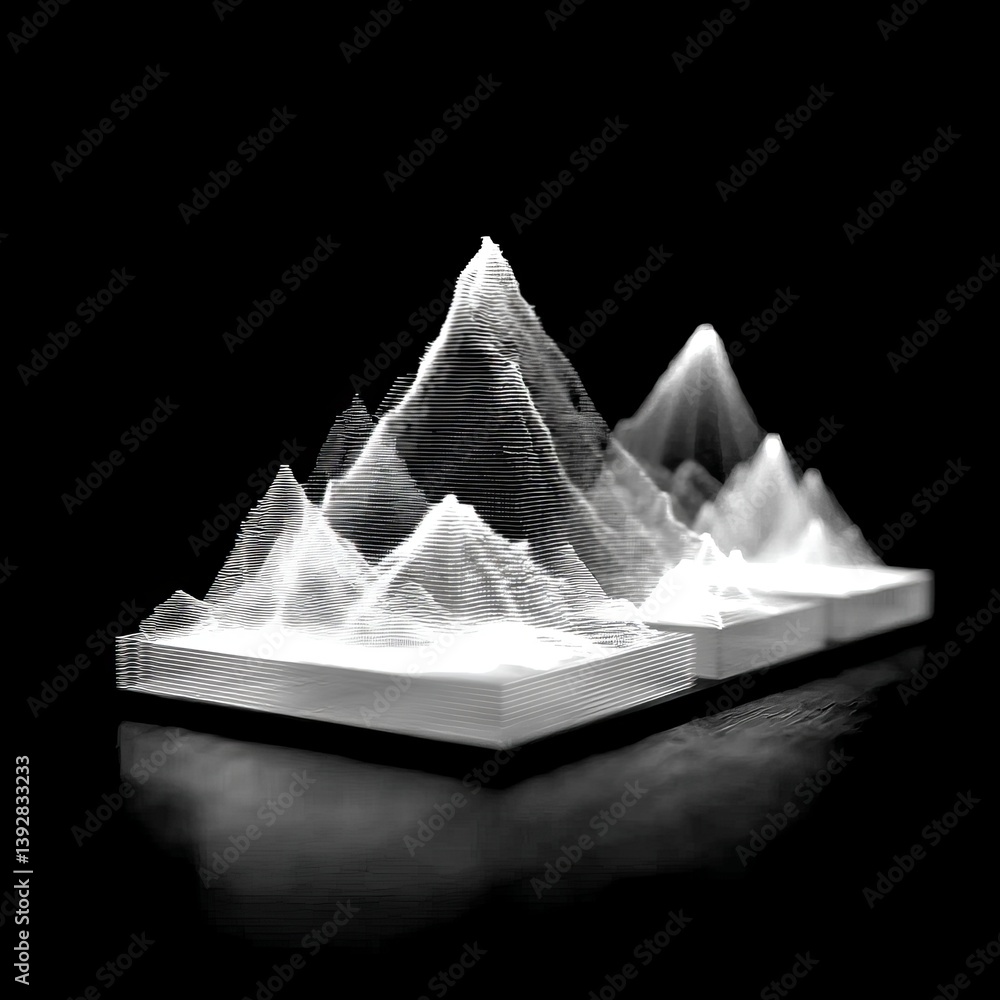 Poster abstract topographic mountain range render in white lines on black background, reflection below