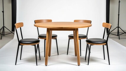 Modern wooden dining table with four stylish black chairs on a neutral background.