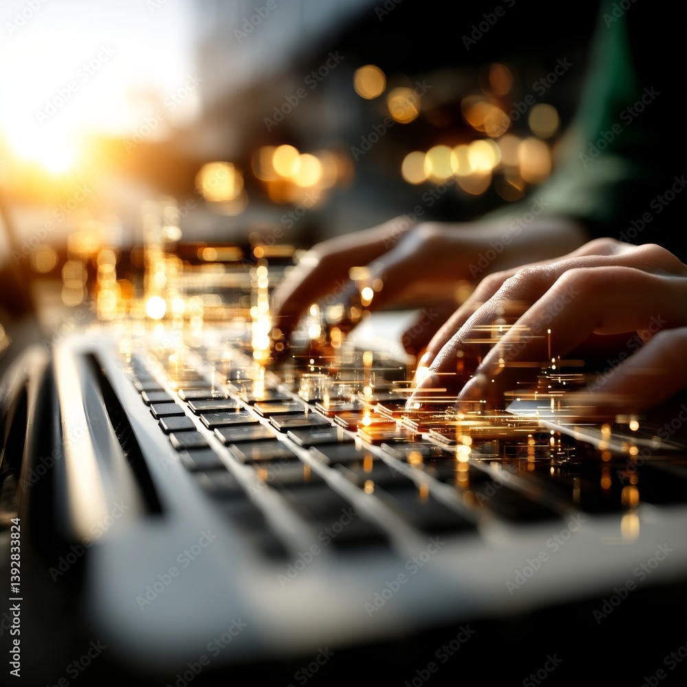 Poster fingers on keyboard with city lights overlay: conceptual technology visual depicting high-speed data