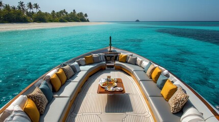 Obraz premium A private yacht cruising on crystal-clear waters with lavish seating and gourmet food