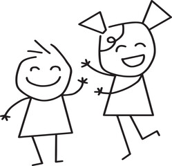 hand drawn vector illustration of happy family, siblings, mother and son, hands in the air, isolated vector illustration on white background